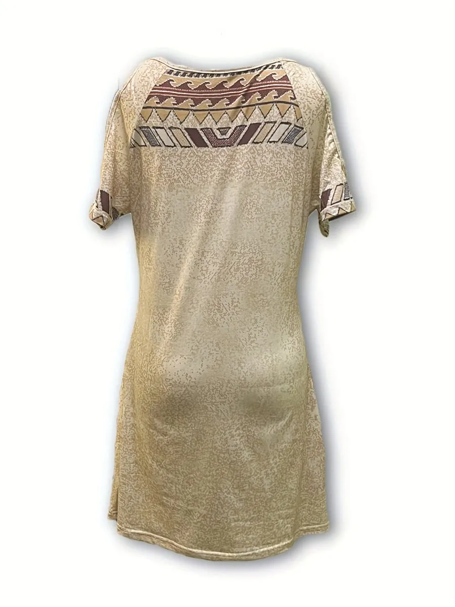 Women's Geometric Print Off-the-shoulder Short Sleeve Dress Western Retro Style Dress Women's Clothing