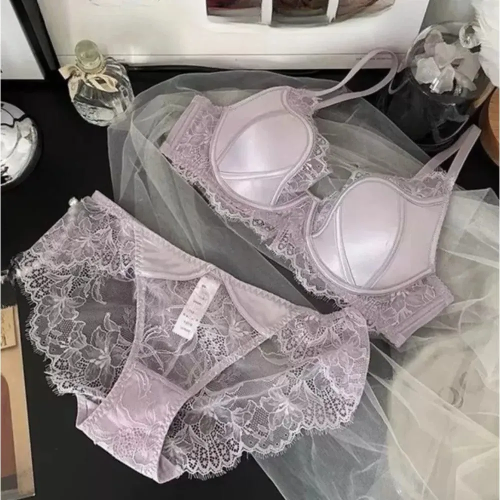 Elegant French Satin Lace Bra Sexy Push Up Minimizer Full Coverage Anti Sagging Wireless Thin Luxury Lingerie 32-38AB