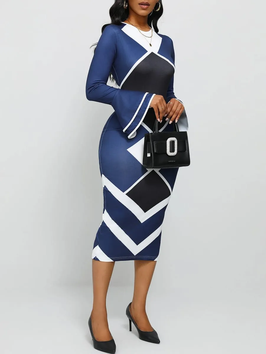 Naval Blue Geometric Print Slim Fit round Neck Dress with Flared Sleeves And Side Slit Long Skirt