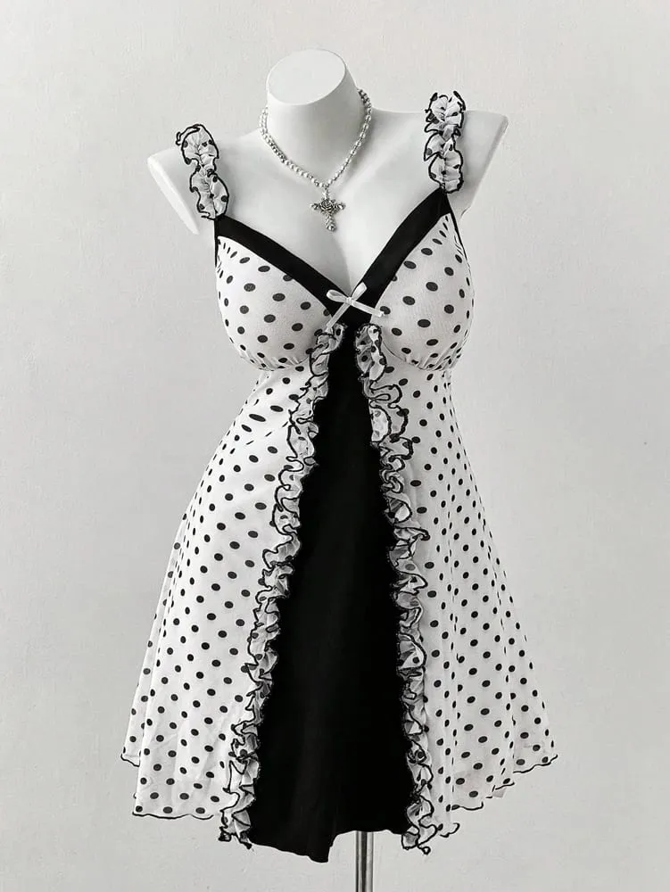 Plus Size Y2K Polka Dot Dress Ruffle Trim Bow Front Cami Mini Dress Sexy Sweet Coquette Style Party Dress for Women — image 6