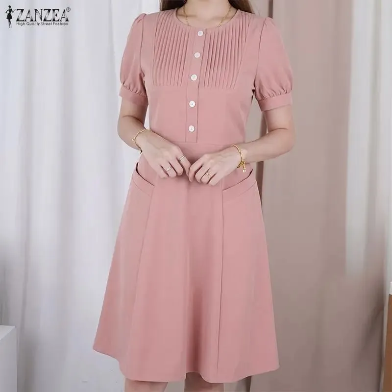 Summer Pleated Women Dress Fashion ZANZEA Solid Vestidos Short Sleeve Sundress OL Work Streetwear Party Knee Length Dresses