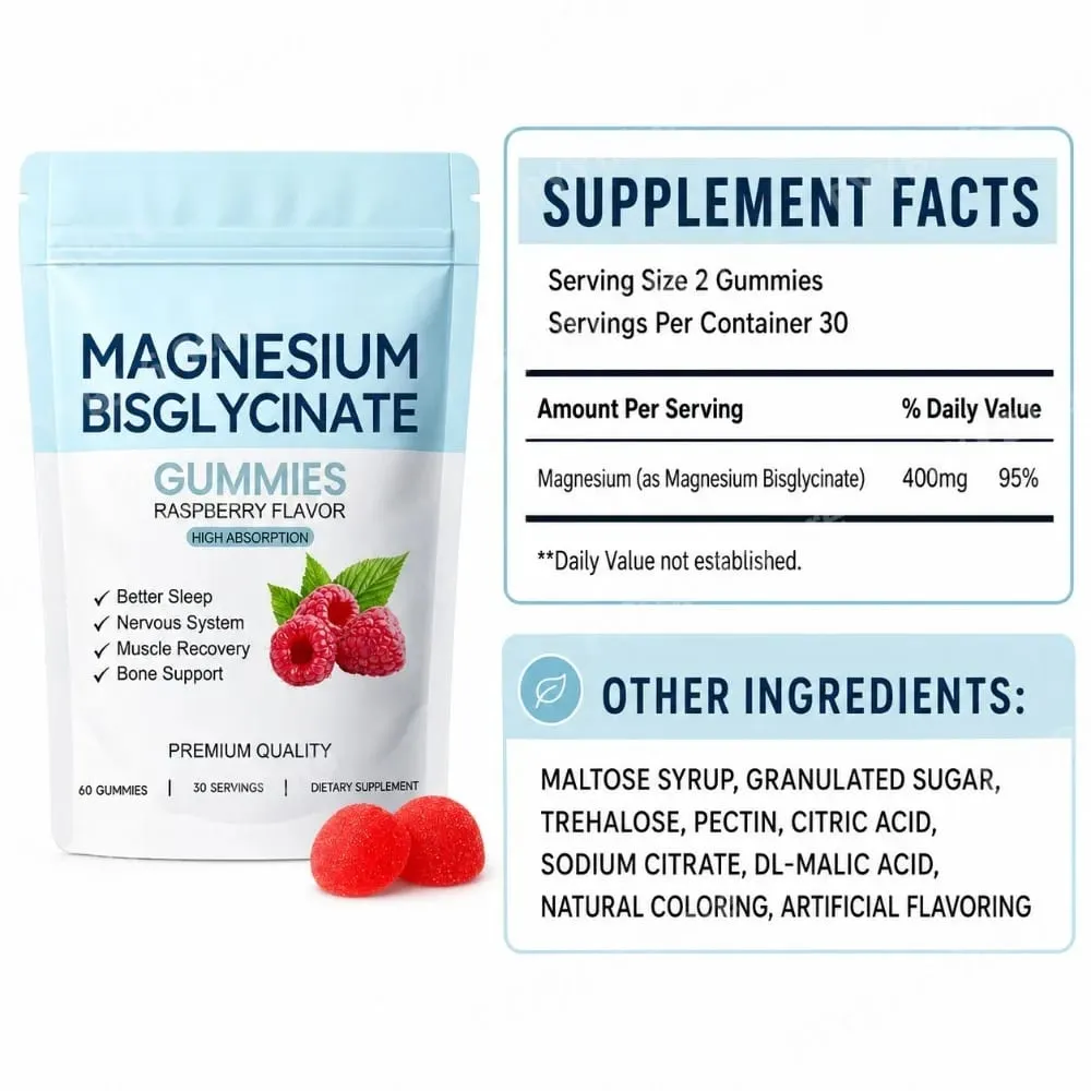 Magnesium Bisglycinate Gummies Support Daily Sleep Quality Help Maintain Nervous System Health Assist Muscle Recovery 60 Gummies