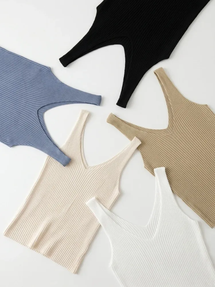 2026 Summer Fashion Women Camisole Ice Silk Knit Tank Top Slim Fit Sleeveless Base Tank Top Solid Color V-Neck Cami