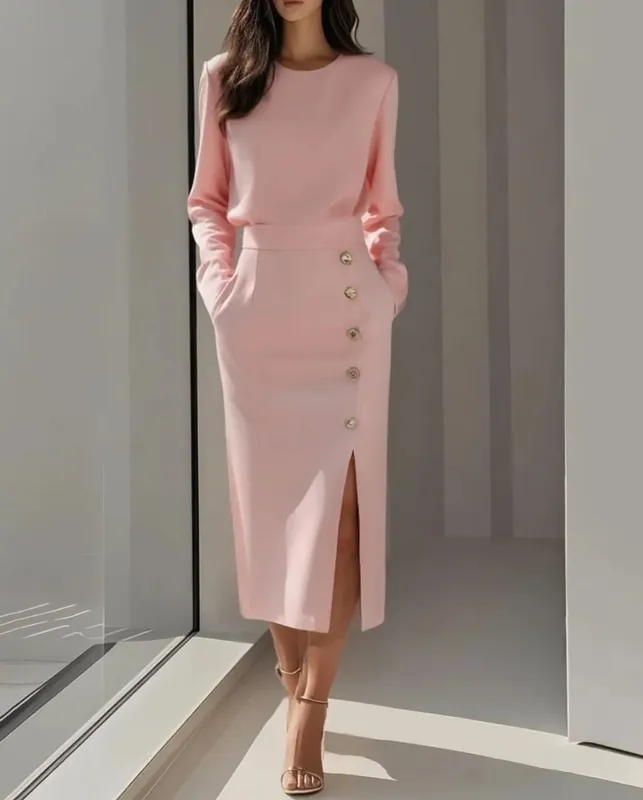 Women's Solid Color Long Sleeves Elegant Midi Dress with Button Details and Side Slit - Crew Neck — image 4