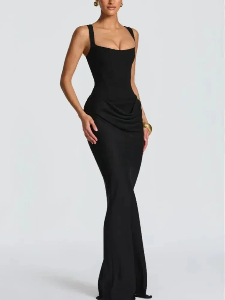 Solid Pleated Sling Dress Square Neck Sleeveless Off-shoulder Waist Cinching Slim Women Dresses Fashion Evening Party Gown 2025 — image 7
