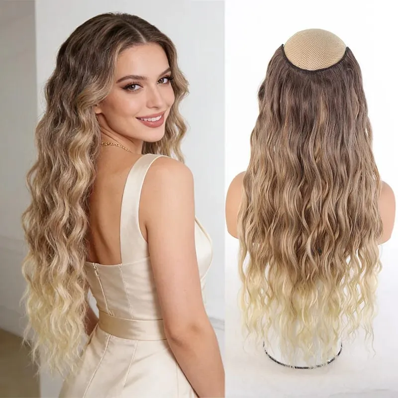 V Shape One Piece Ombre Water Wave Clip In Hair Extensions Synthetic Curly Hairpiece for Women