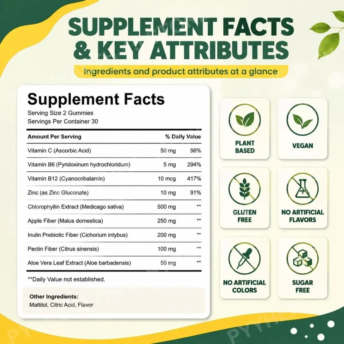 Docteat Chlorophyll Gummies Lemonade Gut Nutrition Balance with Prebiotic Inulin and Apple Fiber Digestive Wellness 60 Gummies — image 3