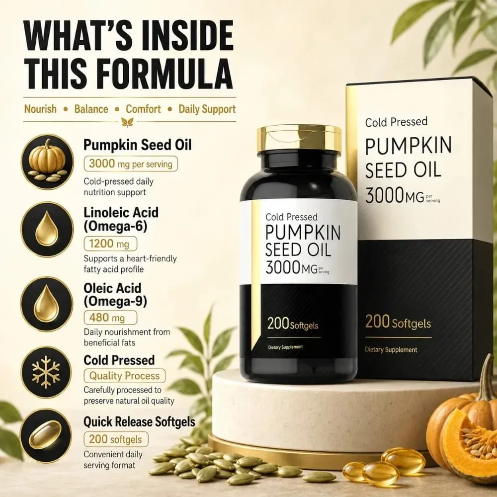Cold Pressed Pumpkin Seed Oil Softgels 3000mg Omega 6 & 9 Dietary Supplement for Men Women Wellness Quick Release 200 Count