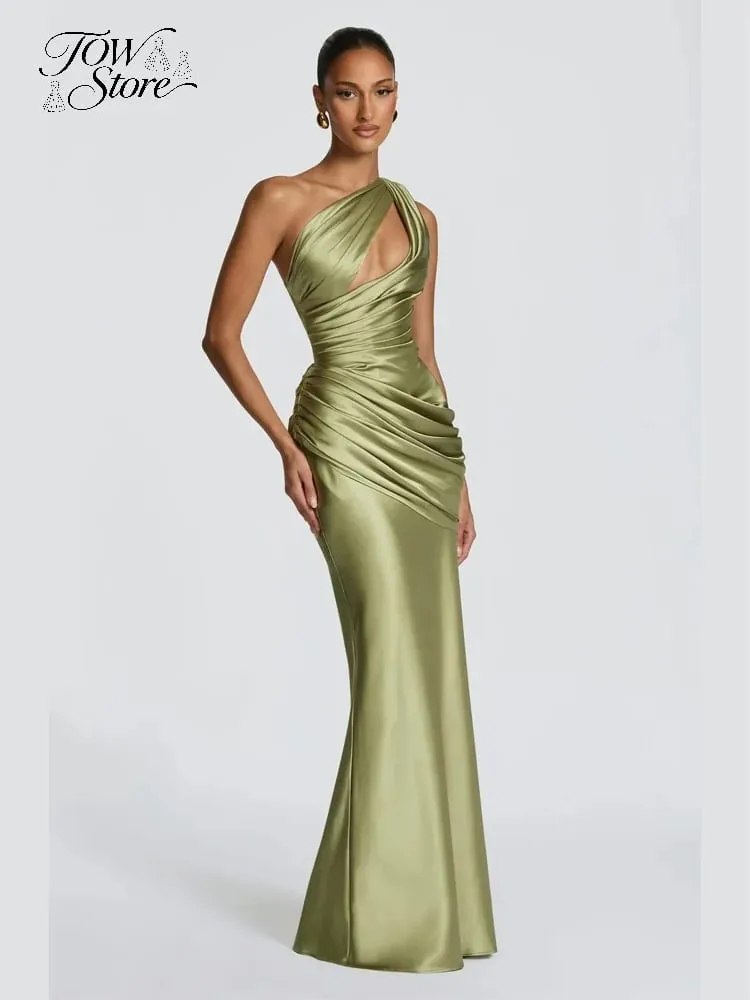 Elegant Solid Ruched Satin Maxi Dress Women One-shoulder Sleeveless Slim Fit Flowy Dresses 2026 Lady Summer Evening Vestidos