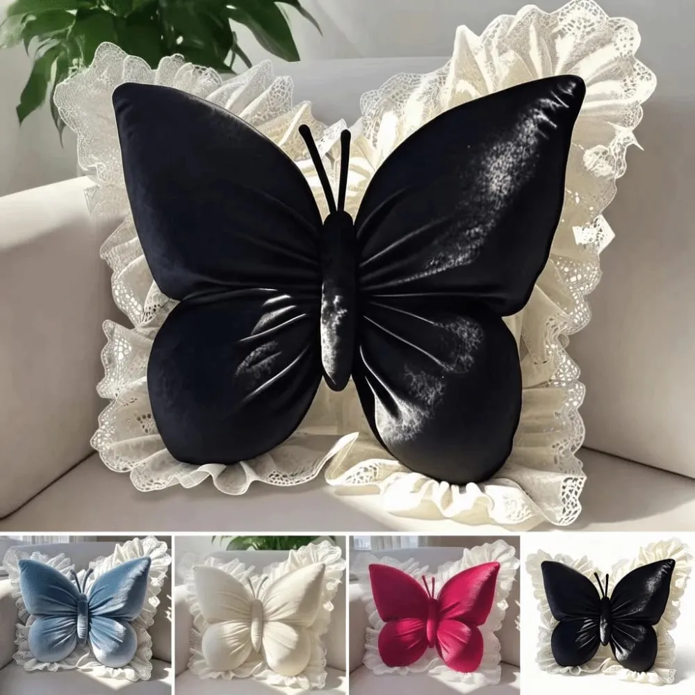Home Decor Velvet Butterfly Plush Pillow Soft Lace Trim Bow Plush Cushion Plush Cute Bow Throw Pillow Bedroom