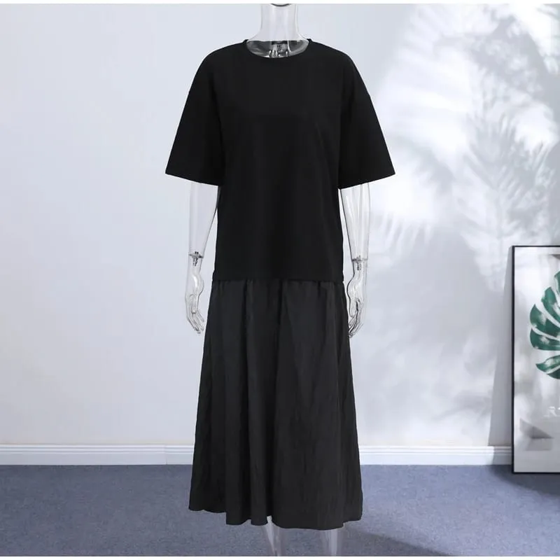 Loose Patchwork Women's Pleated Dresses Fashion Short Sleeve O-neck Long Robes 2026 Summer New Female Elegant Casual Dress