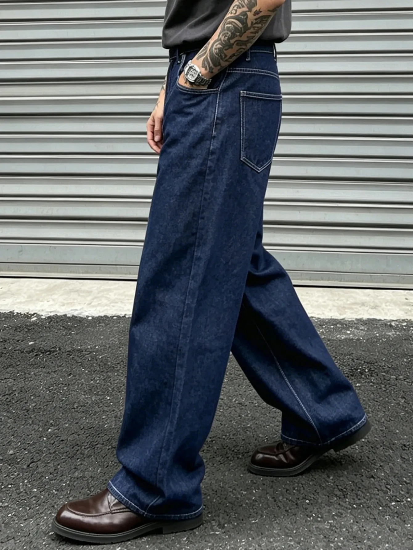 Denim Blue Dark Topstitched Wide-Leg Jeans Are the Same for Men and Women. They Are High-Waisted Loose and Floor-Length. They A — image 7
