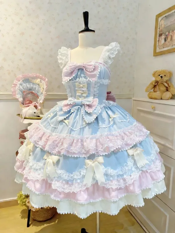 Y2K Sweet Lolita Jks Strap Dress Women Solid Ruffle Lace Bow Patchwork Kawaii Princess Ball Gown Knee-Length Elegant Party
