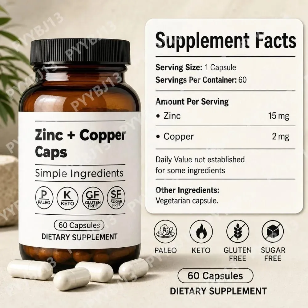 Zinc+Copper Caps Supports Skin Hormone Hair Immune System Health Daily Supplement for Men Women with Zinc L-Methionine Copper