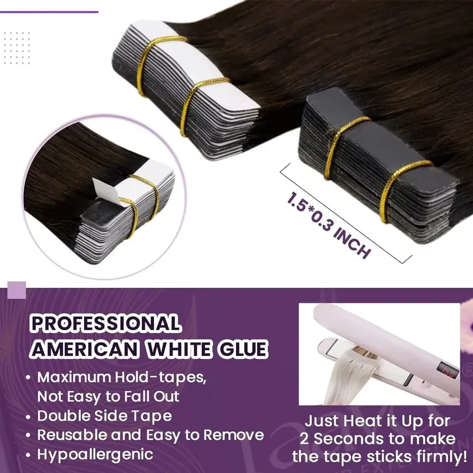 Tape In Hair Extensions Human Hair Natural Color Silk Soft Straight Seamless Invisible Tape In Extensions Color #2 for Women 50G