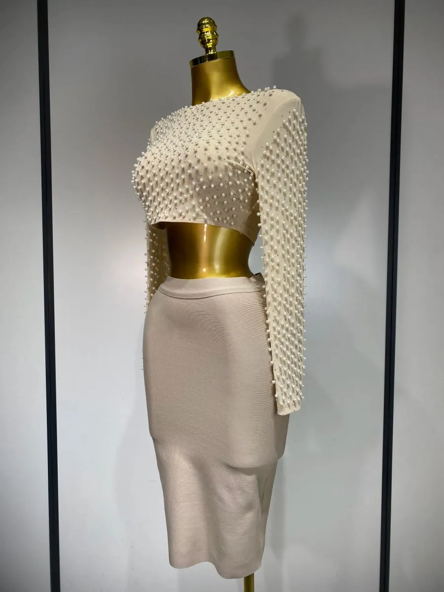 Dámské Sexy Síťovina s dlouhým rukávem Perleťový Top Celebrity Midi Dámská Bandáž Set 2025 Designer Evening Party Luxusní dvoudílná sada k narozeninám