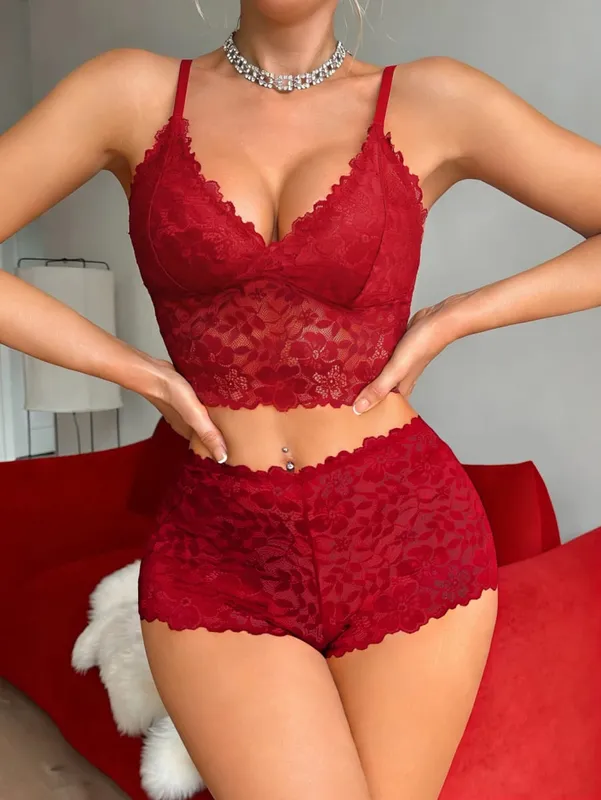 Sexy Lace Women's Underwear Set Wireless Unlined Bra Breathable Sheer Panties Solid Lingerie Set