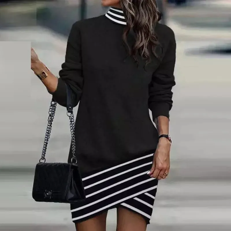 Women Striped Patchwork High Neck Sweatshirt Dress Long Sleeve Irregular Hem Casual Loose Mini Dress