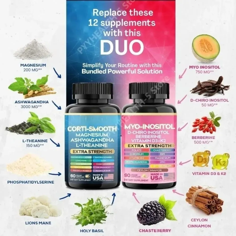 Cortisol & Myo-Inositol Supplement Bundle Soothe & Smooth Bundle 13-in-1 Cortisol Balance Magnesium Ashwagandha L-Theanine