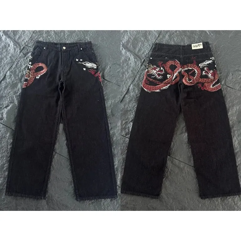 New DERSCHUTZE Unisex Jeans Loose Straight Leg Denim Pants Big Chinese Dragon Embroidery Retro Washed Black Street Trousers