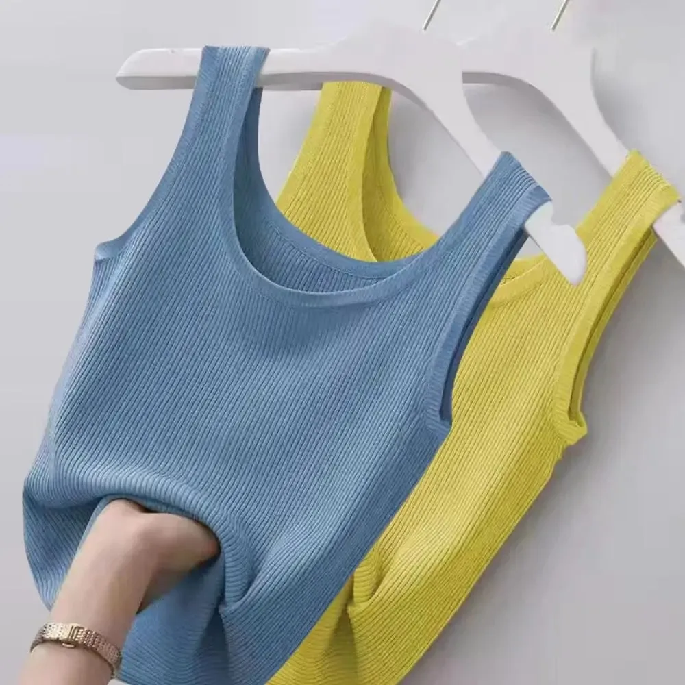 2024 Polyester Sexy Sleeveless Camisole Basic Top Solid Color Summer Camisole Streetwear Tees T-Shirt Spring Knitted Tank Women — image 9