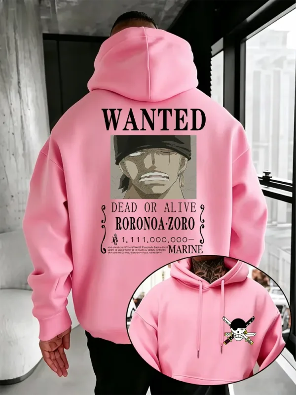 Bandai One Piece Mens Hoodie New Autumn Winter High Quality Warm Pullover Featuring Zoro Wanted Poster Print Casual Style