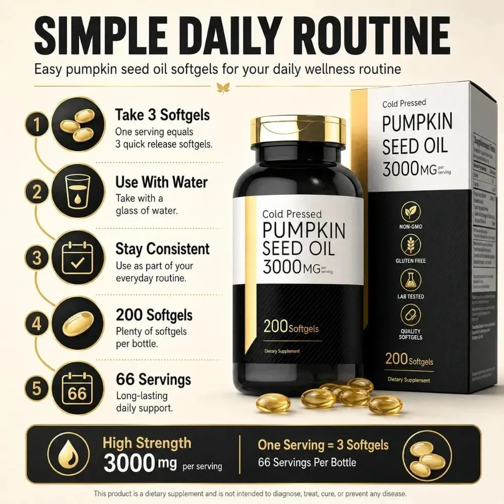 Cold Pressed Pumpkin Seed Oil Softgels 3000mg Omega 6 & 9 Dietary Supplement for Men Women Wellness Quick Release 200 Count