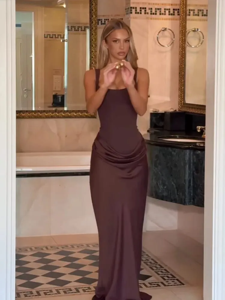 Pleated Sling MAXI Dress Women Square Neck Sleeveless Off-shoulder Waist Cinching Slim ROBE Fashion Evening Party Gowns