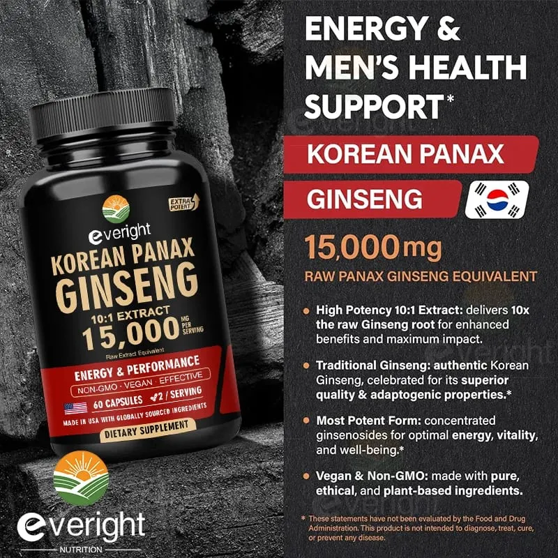 Red Korean Ginseng for Men’s Vitality & Performance – 10:1 Extra Strength Extract for Energy Focus & Productivity – Natural Ve