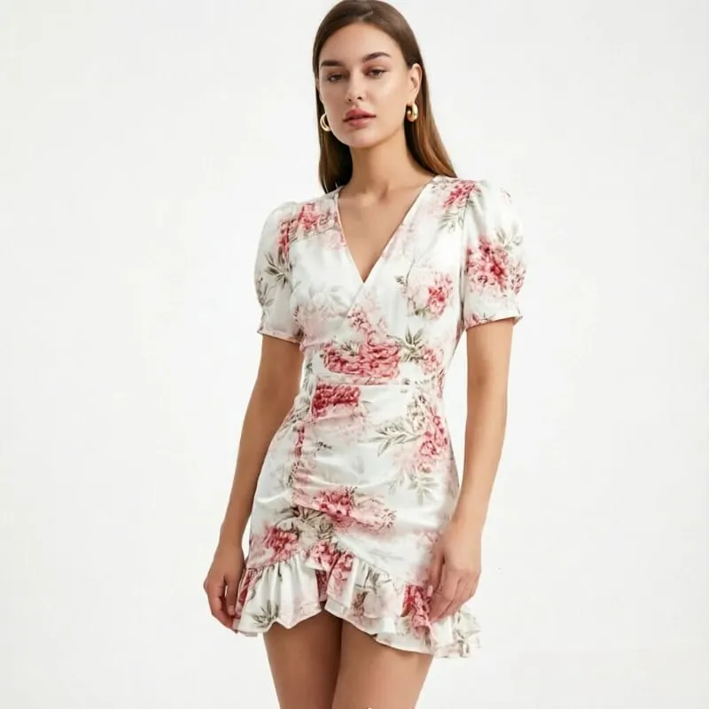 Women Sexy Flora Painted Ruffle Slim Dress Chic Deep V-neck Double Layered Ruffled Hem Dresses Lady New Daily Party Gowns