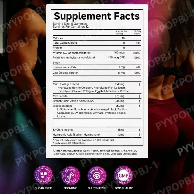 Creatine Gummies with Collagen BCAA Hyaluronic Acid Vitamin D3 Zinc Fitness Supplement for Active Adults Workout Support Sugar