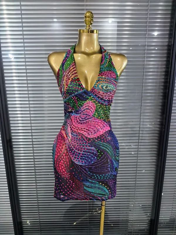 Blue Color Women Sexy Halter Backless Shinning Chain Bodycon Mini Dress Celebrate Nightclub Party Performance Costume Stage Wear