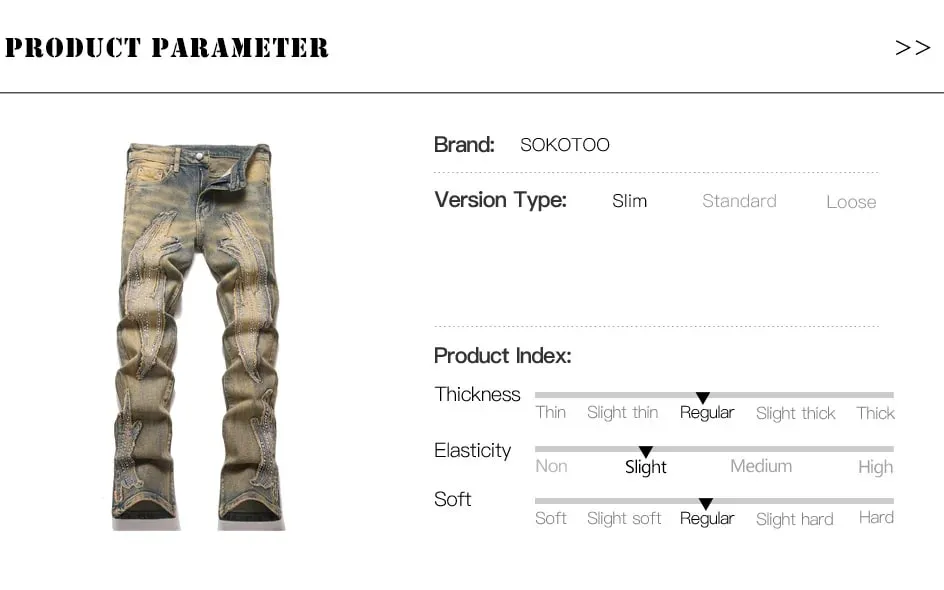 Men's Crystal Patch Denim Jeans Streetwear Rhinestone Boot Cut Pants Vintage Retro Blue Slim Flared Trousers