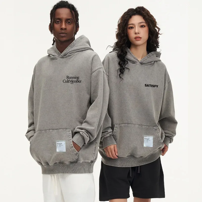 Elf-Adhesive SATISFY Flocking Print Hoodie Sweatshirt Jacket Street Style Loose Fit Long Sleeve for Young Men And Women