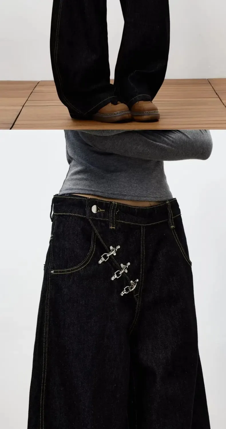Retro Y2K button-fly loose jeans unisex trendy casual wide-leg jeans high-street loose pants American street style fashion