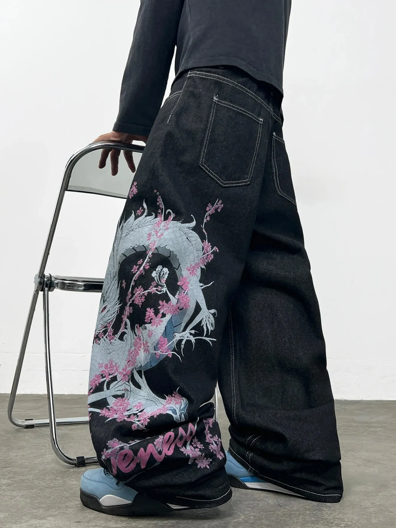 American Retro-Style Printed Dragon Black Baggy Jeans Men Y2K Street Hip-Hop Trendy Versatile Wide-Leg Pants
