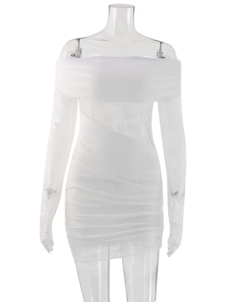 Slash Neck Lace Patchwork Hip Wrap Women Dresses Long Sleeve Sheath Fashion Party Outfits Solid Chic Hot Girl Sexy Club