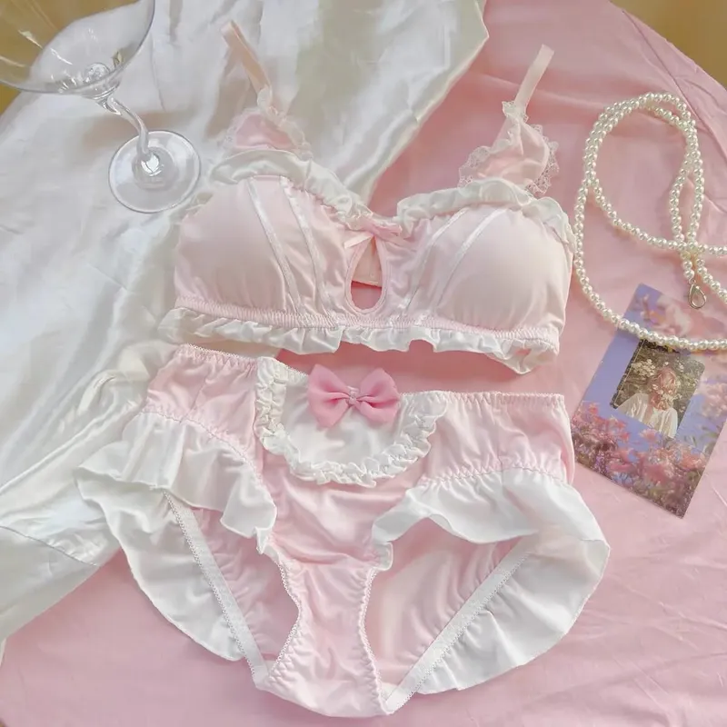 Japanese soft girl cute girl rabbit ears underwear small chest flat chest thin without steel ring triangle cup bra set 32-38AB