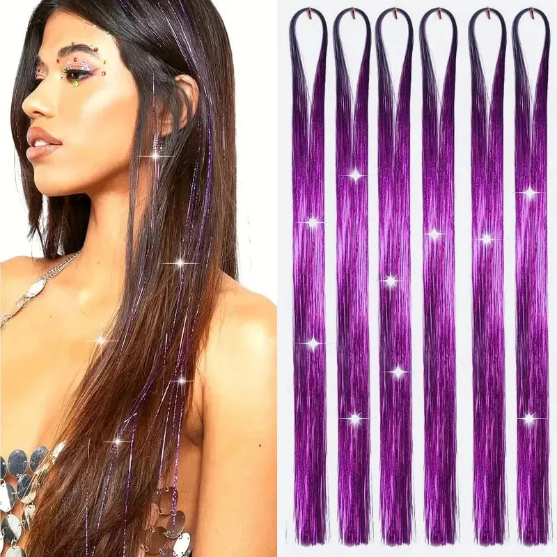 38Inch Tinsel Hair Extensions 6Pcs Sparkling Glitter Hair Synthetic Shiny Hair Accessories for Women Girls Party Cosplay