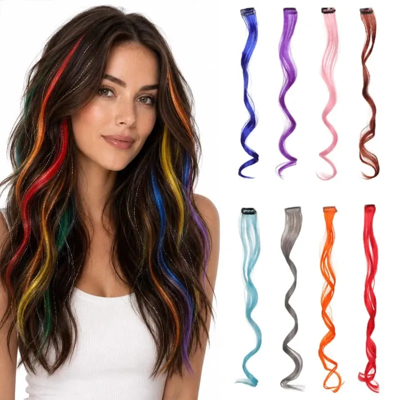 2PCS Rainbow Mixed Color Clip In Hair Extensions 20 Inch Curly Synthetic Hair for Girls Women Halloween Cosplay Party