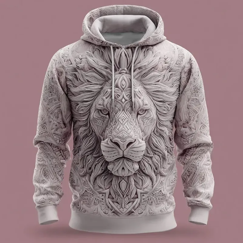 2026 Fall Winter Men's Vintage Animal Lion 3D Prints Hooded Hoodies Sweatshirt Long Sleeve Crew Neck Streetwear Drawstring Tops