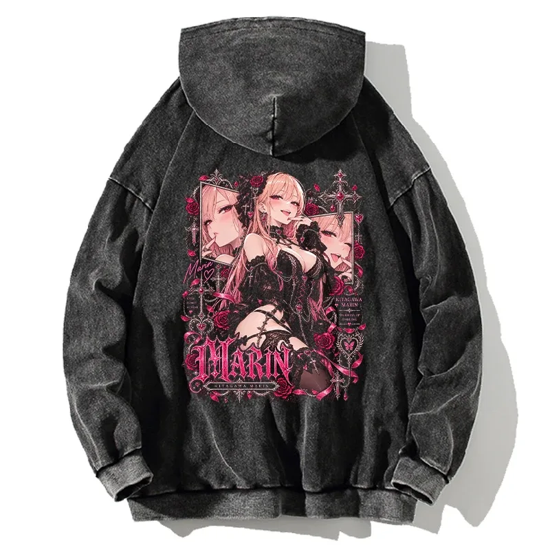 Marin My‑Dress‑Up Darling Anime Retro Hoodies Y2k Gothic Washed Streetwear Men Women Long Sleeves Oversized Cotton Hooded Tops