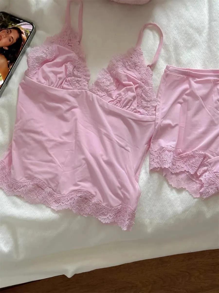 Pink Lace Trim Bra Sets Woman Sexy Triangular Cup Seamless Bras+Low Waist Boxer Briefs Solid Soft Comfort Underwear 2 Piece Set