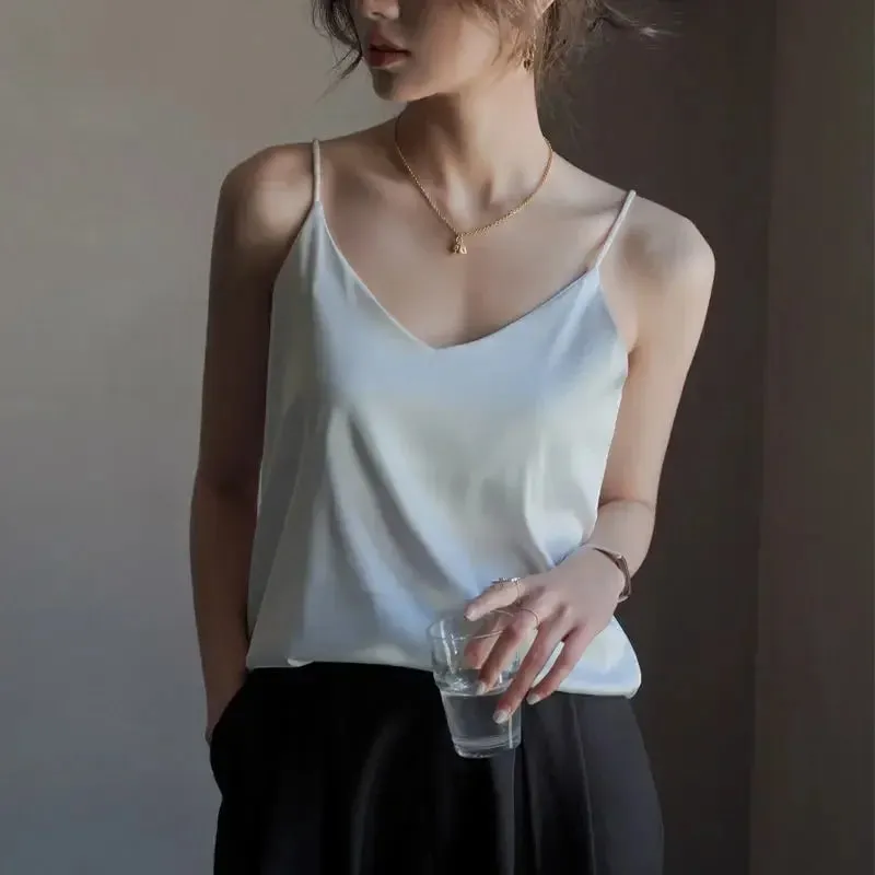 Women Halter V Neck Basic White Cami Spaghetti Strap Top Sleeveless Satin Silk 2026 Tank Tops Women'S Summer Camisole