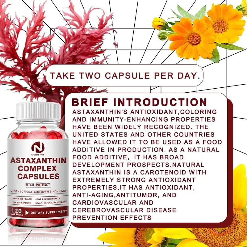 Astaxanthin Complex Capsules 12mg for Brain Heart Joint Bone Eye Skin Immune System Health