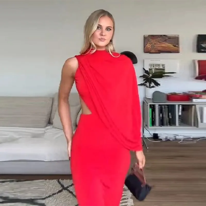Robe Maxi drapée asymétrique rouge, dos nu, asymétrique épaule dénudée, col haut, découpe, moulante, robe de soirée pour femmes, soirée formelle — image 3