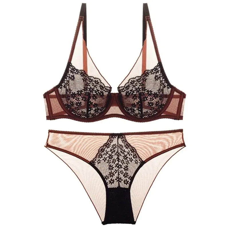 Sweet Mesh Lace Flower Bra Set Brassiere Lingerie Push Up Bra Women Seamless Thin Mesh Bra Panties Kit Girl — image 1