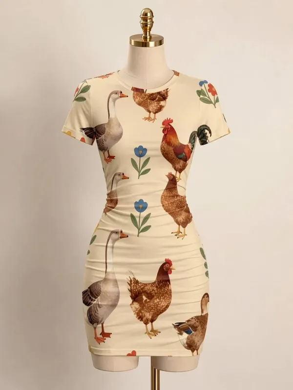 Womens Short Sleeve Bodycon Mini Dress Slim Fit Crew Neck Floral Print Casual Summer Party Flattering Lightweight Party Sundress — image 10