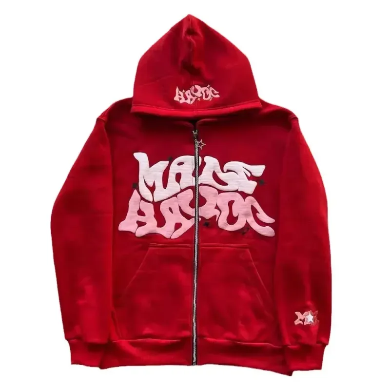 Zipper hooded sweatshirt with retro American letters suitable for men and women wearing Y2K jacket autumn/winter cardigan