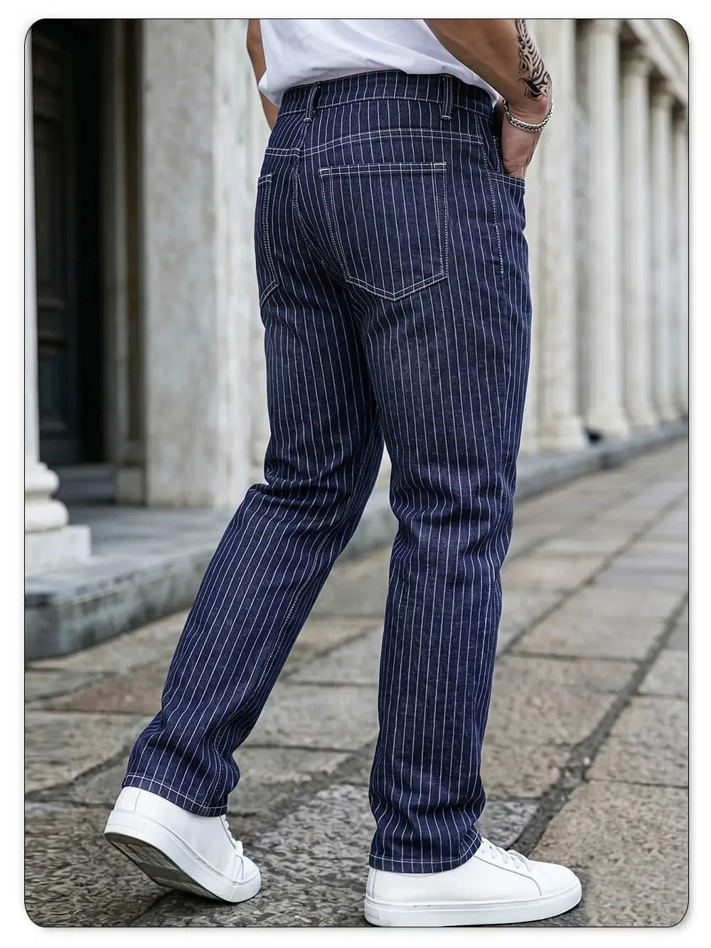 Light Luxury Blue White Striped Jacquard Slim Elastic Fit Straight Leg Jeans Business Casual Style Commuting Denim Pants